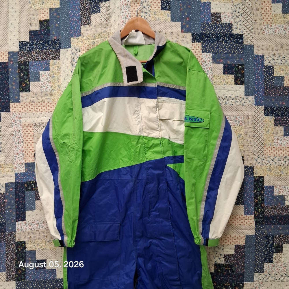 Vintage 1995 Teknic Tornado Motorcycle Rain Suit Mens Large Green Blue One Piece